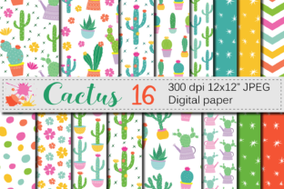 Cactus Digital Paper Cute Cacti Plants Seamless Patterns Bright Potted Cactuses Scrapbook Papers