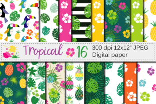 Tropical Digital Paper with Hibiscus Flower, Toucan, Pineapple and Palm Leaves Cute Summer Seamless Patterns Tropical Backgrounds